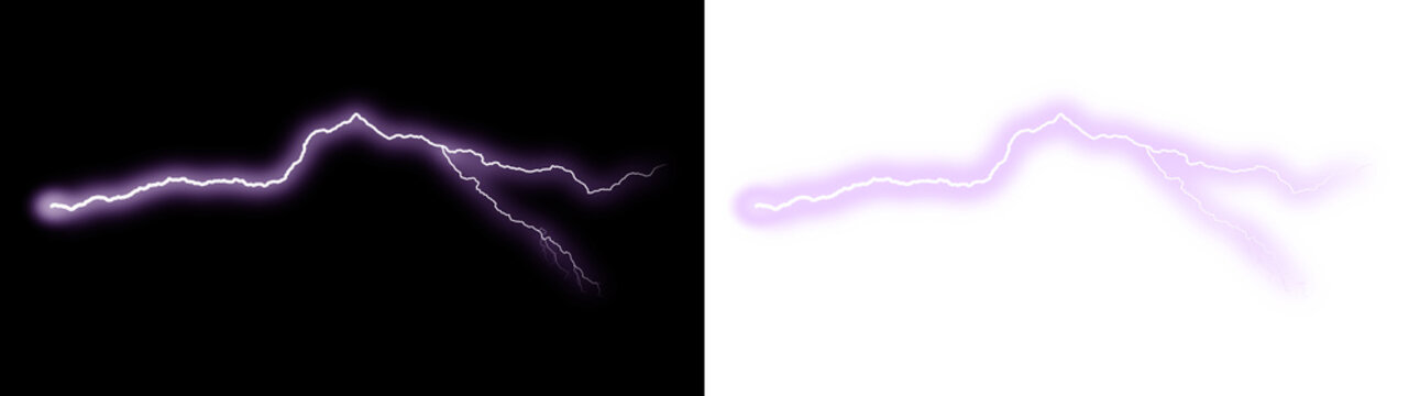 Electric lightning bolt strike vector illustration. Glowing purple flash with alpha channel. Cutout graphic asset isolated on transparent
