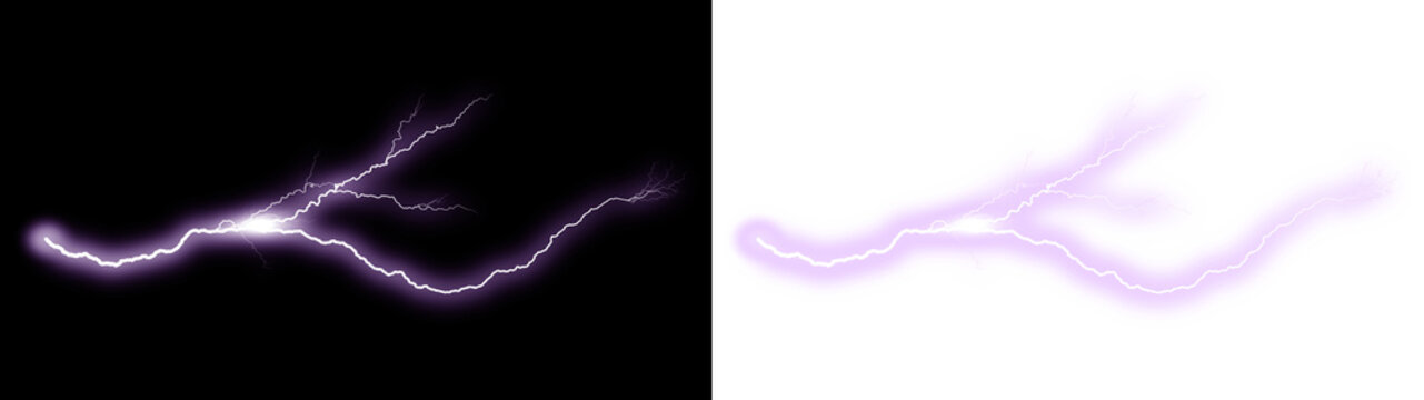 Purple lightning bolt strike. Horizontal electric spark discharge and glowing flash. Isolated on transparent background for digital design
