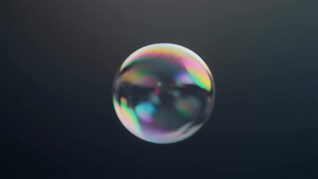 Shimmering soap bubble floating delicately against a dark, moody background with rainbow reflections