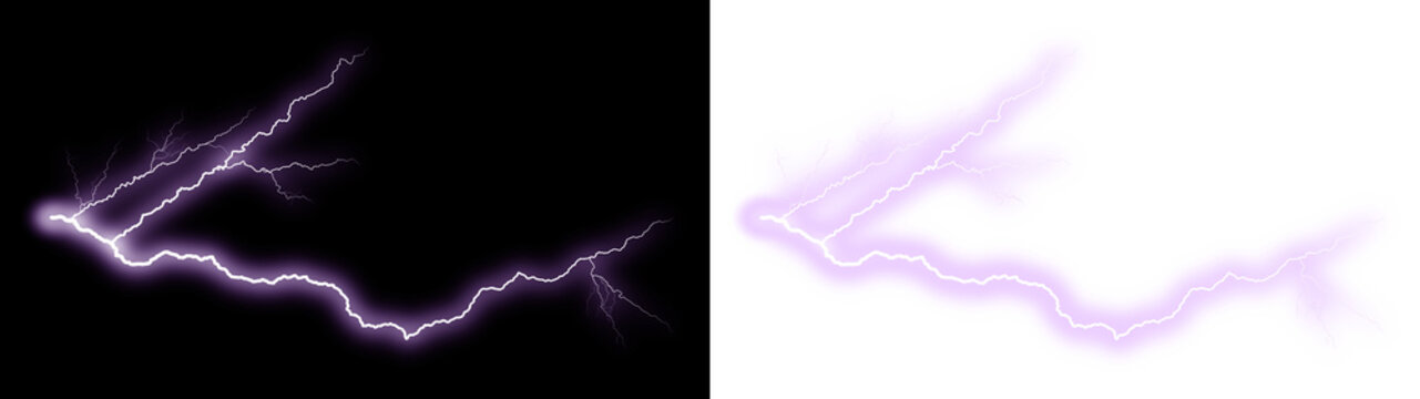 Purple lightning bolt strike. Electric spark discharge. Glowing thunder flash. Isolated on transparent background and black surface