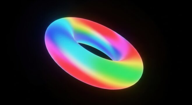 Glowing rainbow colored torus shape floating in deep black space, abstract 3d geometric ring with vibrant spectrum gradient, smooth glossy surface texture, futuristic digital composition