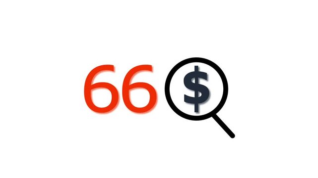 66 dollar price tag with magnifying glass animation for e-commerce and financial marketing search discount