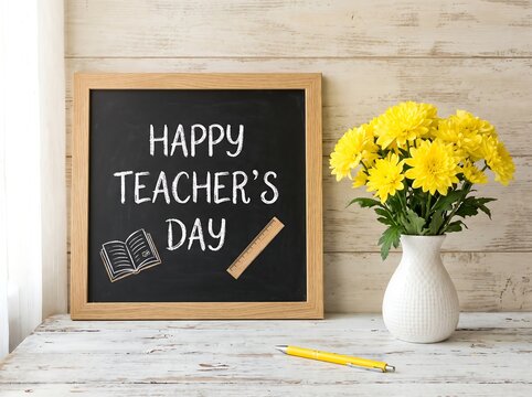 Happy Teachers Day Chalkboard With Flowers Decoration