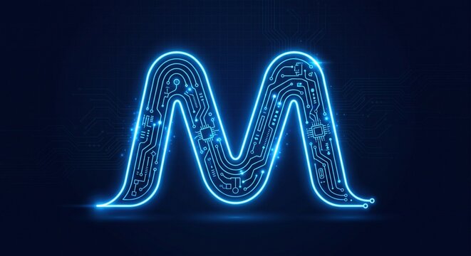Glowing blue circuit board letter M on dark futuristic technology background
Digital neon letter M typography with microchip and electronic line patterns for tech logo