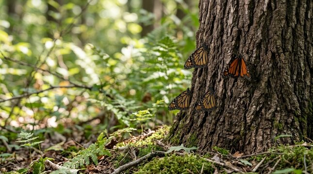 Monarch butterflies resting on a rough tree trunk in a green forest. Close up of orange and black insects in their natural woodland habitat
