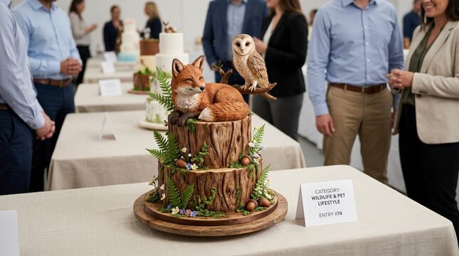 Realistic woodland themed decorated cake featuring a sculpted fox and owl. Wildlife and pet lifestyle baking competition entry on display. Culinary art and pastry design