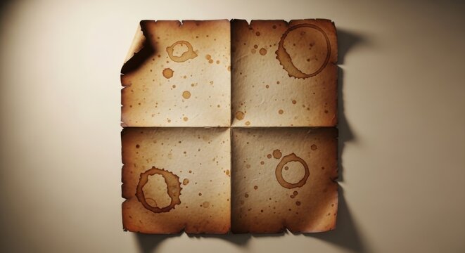 Old weathered parchment paper sheet divided into four quadrants with dark brown coffee cup ring stains and scattered ink spots, aged textured surface with curled corner on a neutral background