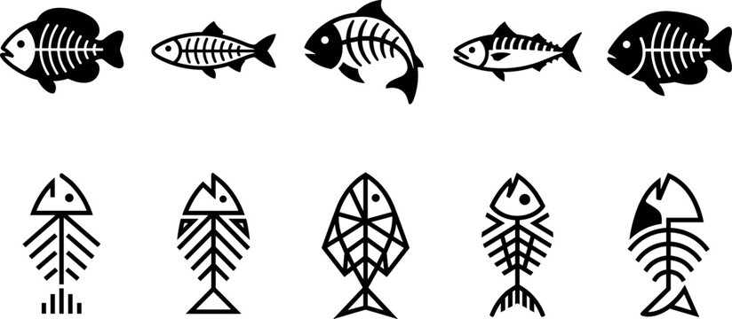Set of black and white vector icons featuring fish skeletons and bones for design projects