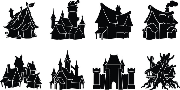 Set of fantasy building silhouettes including medieval houses, magical cottages, and castle fortresses, referenced in image_0de680.png