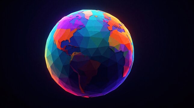 Vibrant low poly globe with colorful geometric continents on dark background. Abstract digital earth illustration shows rainbow spectrum colors in 3D polygonal style. Modern creative design