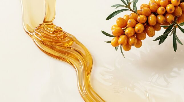 Sea buckthorn berries branch with flowing golden cosmetic oil, organic skincare ingredient for beauty serum and wellness botanical extract product composition