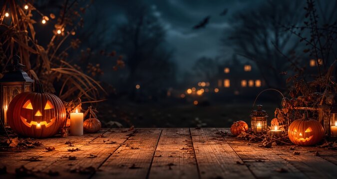 Jack-o-lanterns with glowing candles on a weathered wooden porch at night, spooky haunted house background, festive holiday atmosphere for seasonal decor