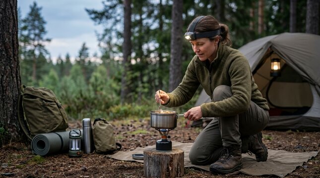 Woman wearing a headlamp cooking food on a portable stove at a forest campsite. Female camper preparing a meal near a tent at dusk. Outdoor recreation and adventure lifestyle