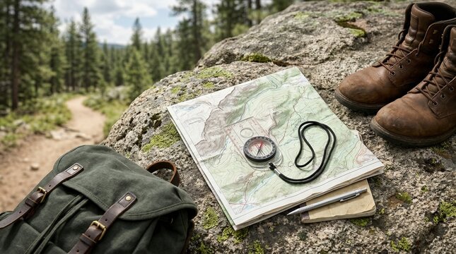 Compass and topographic map resting on a rock with hiking boots and a backpack. Navigational gear arranged for route planning on a forest trail. Outdoor adventure and journey concept