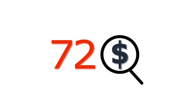 72 dollar price tag with magnifying glass animation for e-commerce and financial marketing search discount