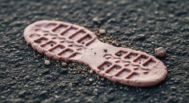 Single pinkish rubber shoe footprint pressed into dark asphalt ground with small pebbles and sand grains, detailed texture of a sneaker sole tread mark on a rough road surface, close up view