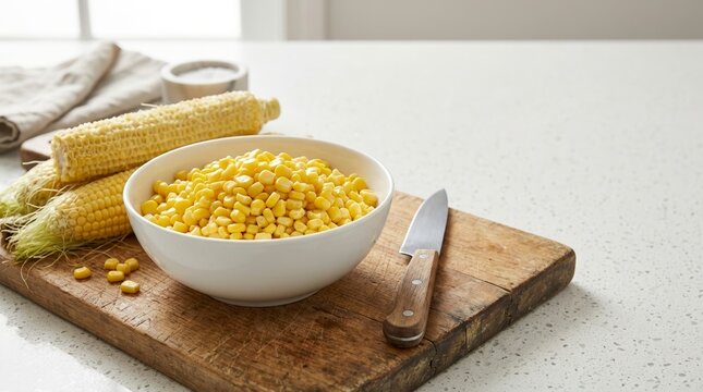 Freshly shucked corn kernels in a white bowl. Sweetcorn on the cob with a knife on a wooden cutting board. Healthy cooking ingredients in a kitchen