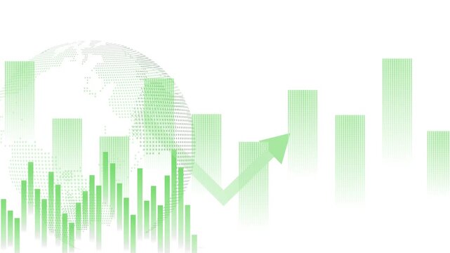 Monochrome financial growth chart with rising arrow animation, Financial chart with rising arrow and vertical bar graphs globe silhouette behind dots