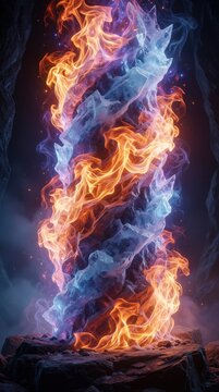 Abstract elemental pillar swirls with vibrant fire and cool ice. Mystical energy glows with contrasting colors. Surreal natural formation shows power and abstract beauty.