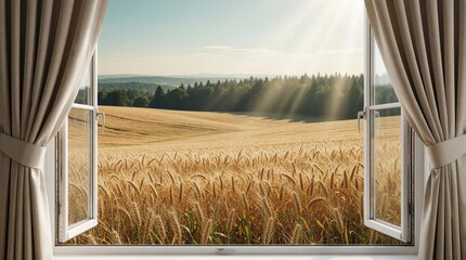 Obraz premium Open window view of golden wheat field in summer. Sunlight rays shine through trees, forest. Beige curtains frame scenic rural landscape with warm morning light. Peaceful countryside nature scene