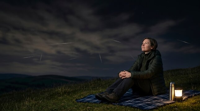 Woman stargazing on a grassy hill during Perseid meteor shower. Cozy night scene with lantern and blanket. Shooting stars in cloudy sky with copy space