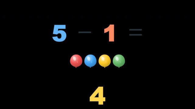 Playful educational subtraction animation for kindergarten and preschool children. Balloons appear then some fly away to visually demonstrate subtraction. Numbers, minus, and equals signs reveal in se