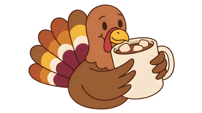 Cute cartoon turkey holding a large mug of hot chocolate with marshmallows on a white background