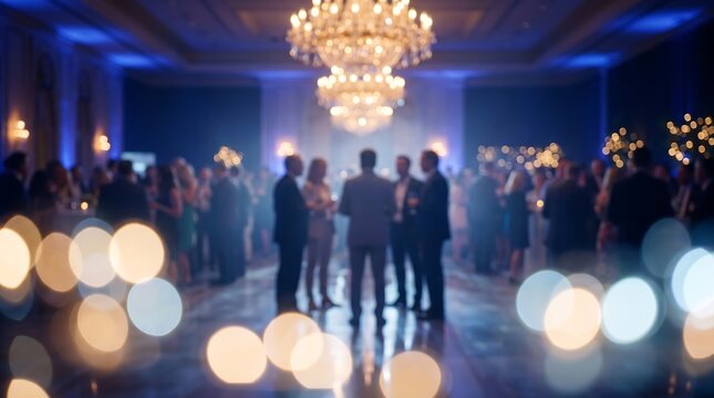 Blurred silhouettes of business people mingling at evening gala event with beautiful glowing chandelier lights and bokeh background atmosphere for corporate networking concept