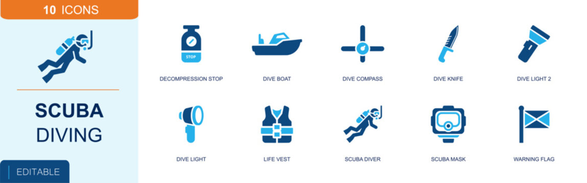 Scuba diving icon set. Duotone flat vector icons of scuba diver, scuba mask, dive boat, dive compass and light for underwater diving concepts.