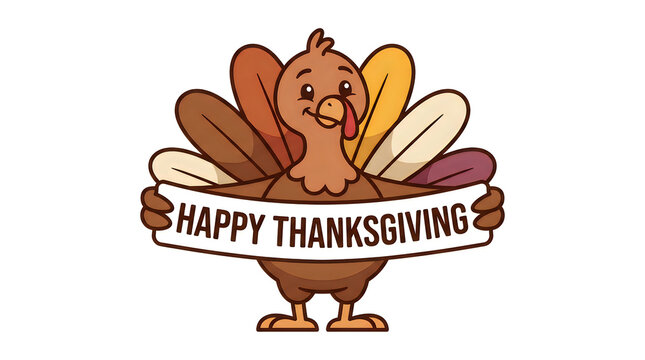 Cute cartoon turkey holding a banner that says happy thanksgiving on a plain white background