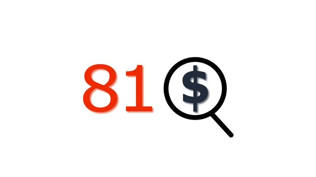 81 dollar price tag with magnifying glass animation for e-commerce and financial marketing search discount