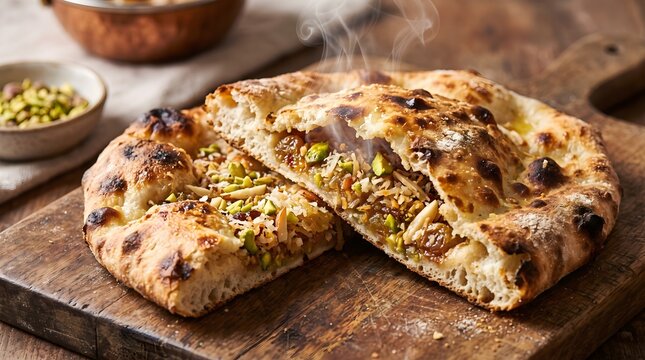 Gourmet pistachio flatbread on rustic wooden board, artisan dessert pizza with nuts and honey, sweet mediterranean pastry