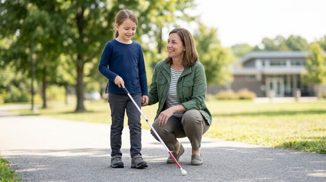 Woman teaching a young girl how to use a white cane in a park. Visually impaired child learning mobility skills outdoors. Inclusive lifestyle concept