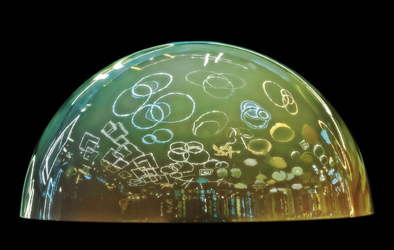 translucent glass dome with a creative collection of interlocking rings, and geometric doodles, giving it the look of a custom-designed light fixture shade or an immersive projection lamp dome