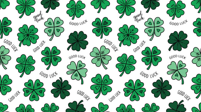 Four leaf clover pattern with good luck text on white background for St Patricks Day