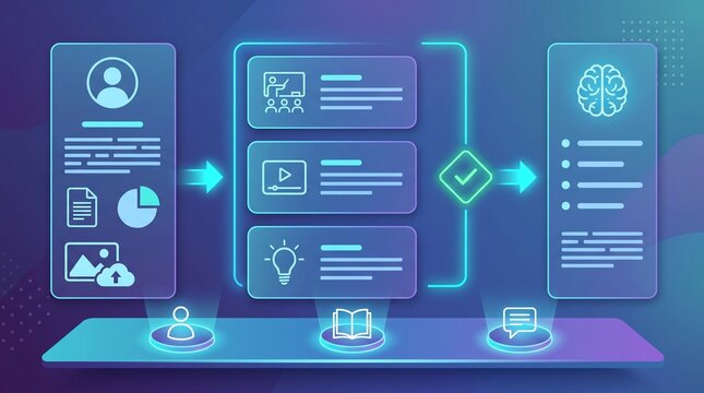 Digital workflow process automation flowchart with neon elements and data analysis panels