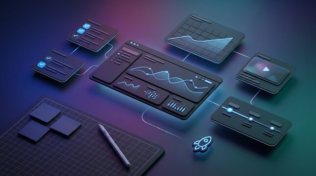 Professional UX design wireframing workflow with interconnected analytics dashboards and stylus pen
