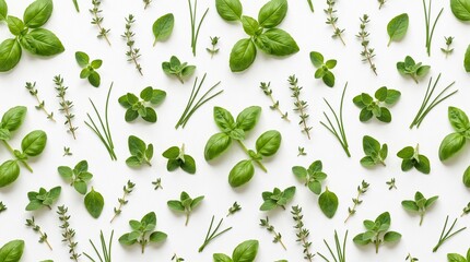 Obraz premium Seamless pattern of fresh aromatic culinary herbs on a white background
