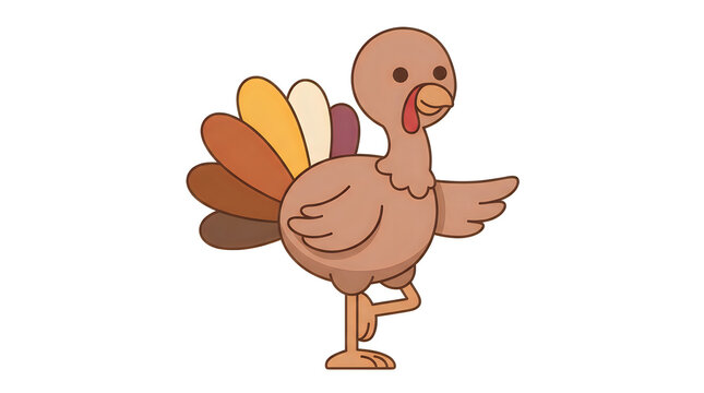 Cute cartoon turkey illustration with colorful tail feathers isolated on a white background for thanksgiving celebrations