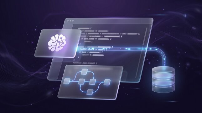 Futuristic glassmorphic neural network interface with brain icon and data flow visualization connecting to secure database