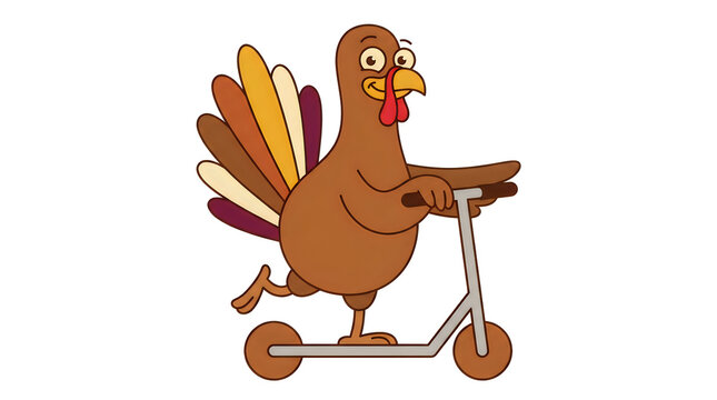 Funny cartoon illustration of a brown turkey riding a kick scooter on a white background