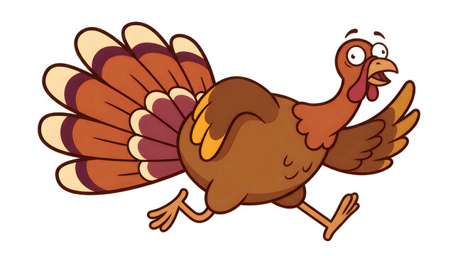 Funny cartoon turkey running away with a panicked expression on a plain white background
