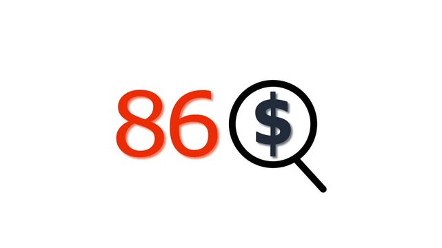 86 dollar price tag with magnifying glass animation for e-commerce and financial marketing search discount