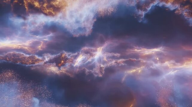 Glowing blue, violet and amber cloud formations slowly billow and shift across dark abstract backdrop, with luminous edges, soft haze, layered depth and fine sparkling particles