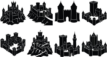 Obraz premium Set of medieval castle silhouettes featuring historical fortresses, defensive stone citadels, and ancient royal palace building designs