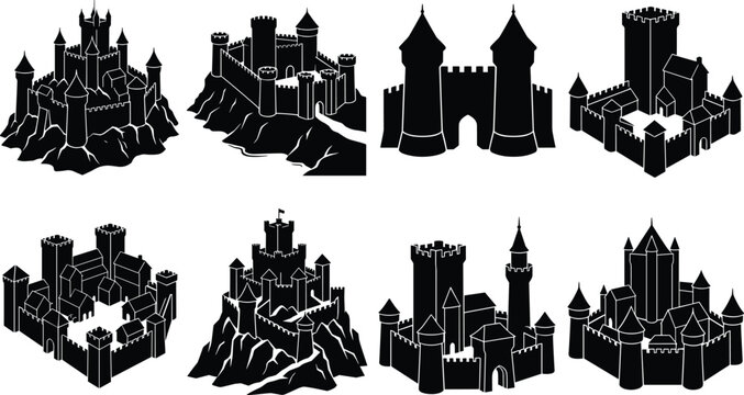 Set of medieval castle silhouettes featuring historical fortresses, defensive stone citadels, and ancient royal palace building designs