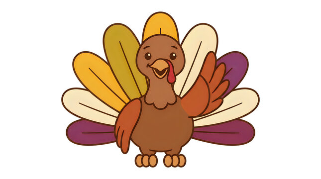Cute cartoon turkey illustration with colorful tail feathers isolated on a white background for thanksgiving celebrations