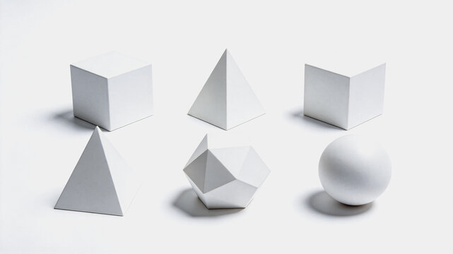 Set of White Geometric Solid Shapes on Plain Background