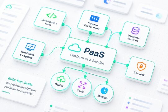 Platform as a Service PaaS cloud architecture diagram showing development tools runtime environment database services security monitoring and deployment scale manage concepts