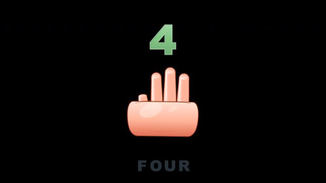 Playful educational finger counting animation for kindergarten and preschool children. A friendly cartoon hand raises fingers one by one while numbers and English words reveal to teach counting from 1